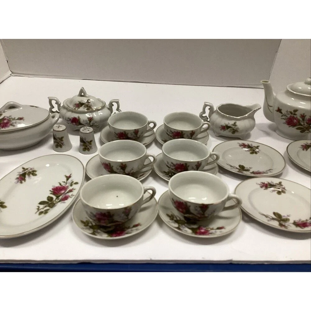 1950s vtg child tea set moss rose 28 pcs miniature bone china Japan crane